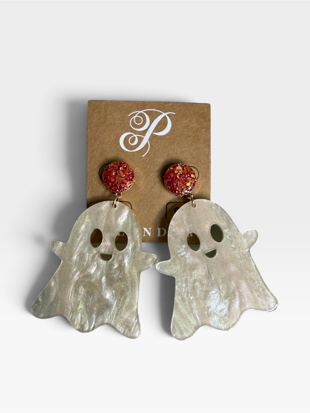 Plunder Iridescent White Ghost Dangle Earrings with Red Sparkle Studs